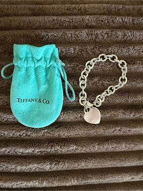 Tiffany & Co. Silver Link Bracelet with Heart Tag and Blue Pouch